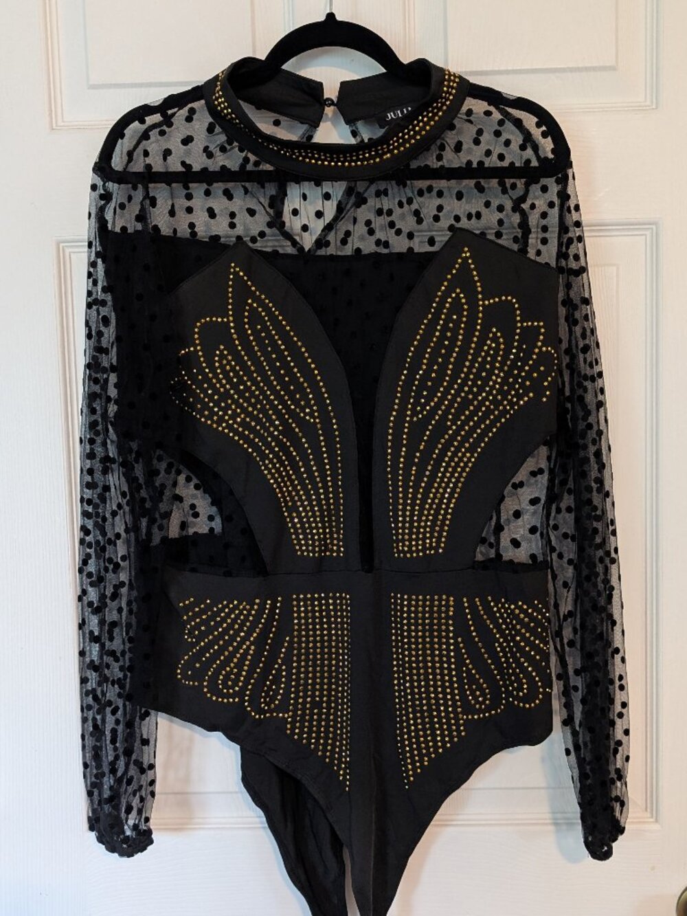 Julia by Love J 2X Black Mesh Gold Rhinestone Bodysuit Sheer